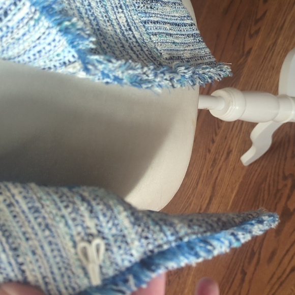 Etcetera Lux Blue Tweed Fringed Cropped Shorter 3/4 Jacket Blazer Sz 6 - Picture 6 of 12